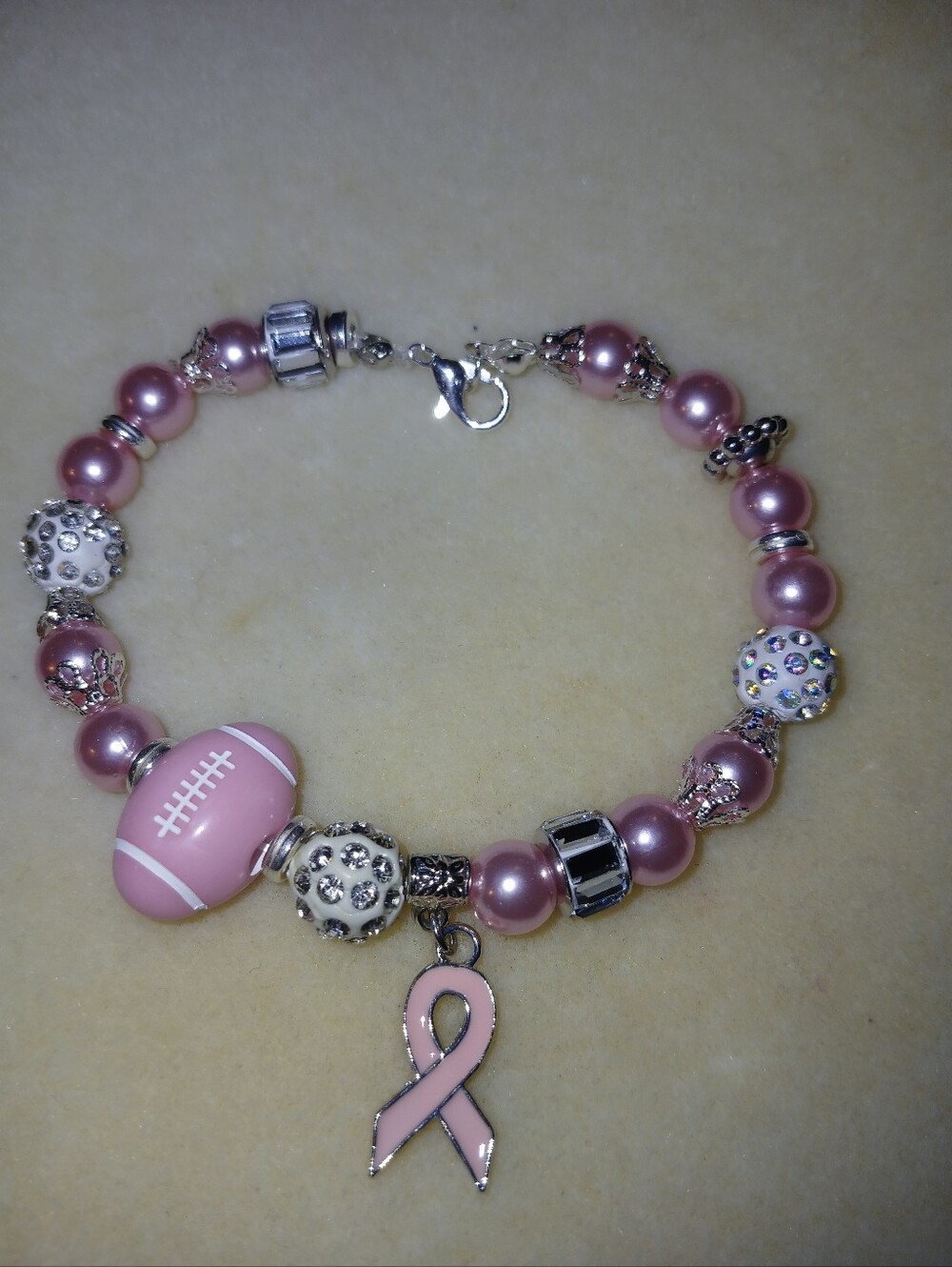 NWT Handcrafted Pink Ribbon Charm Beaded Bracelet - Breast Cancer Awareness